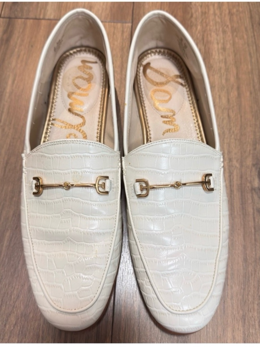 Sam Edelman White Croc-Embossed Leather Loafers with Gold Bit